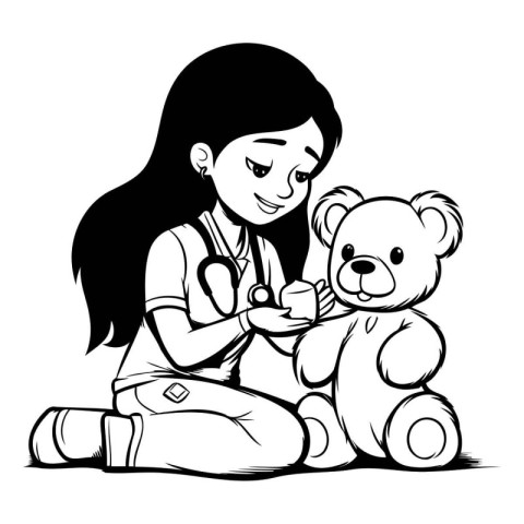 Girl Doctor with Teddy Bear - Black and White Cartoon Illustrati