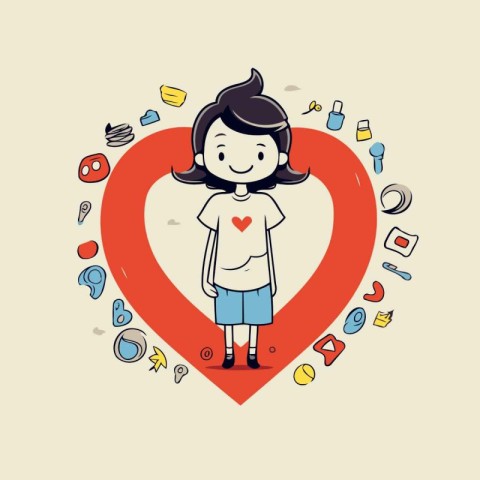 Cute girl with heart and location pin. Vector illustration in ca