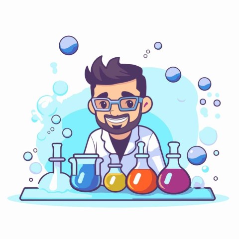 Scientist working in chemical laboratory. Vector illustration in