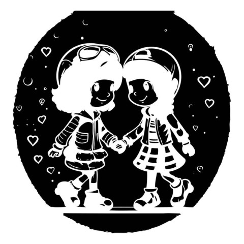 Couple of girls in love holding hands. black and white vector il