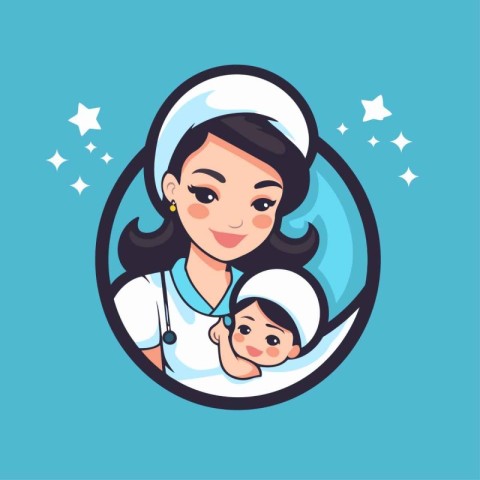 Nurse with a baby in her arms. Vector illustration in cartoon st