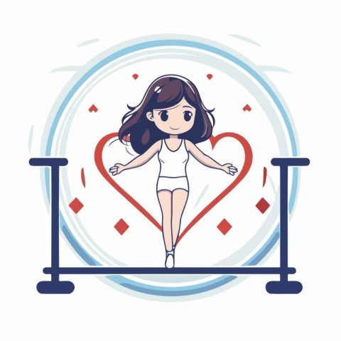 Cute little girl running on a treadmill in the gym. Vector illus