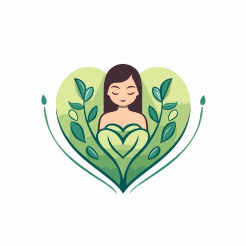 Avatar of a woman with green leaves in a heart shape. Vector ill