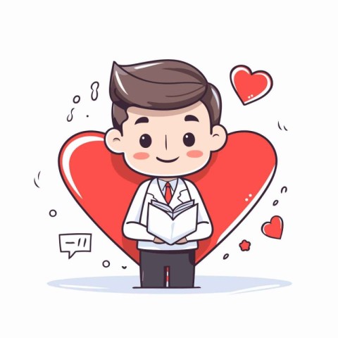 Cute cartoon man holding a book and heart. Vector illustration.