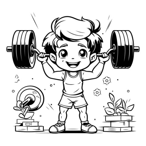 Cartoon Illustration of Kid Boy Doing Weightlifting with Barbell