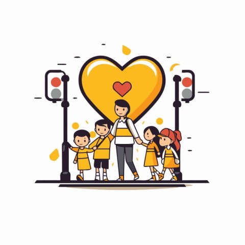 Happy family with children and traffic light. Vector illustratio