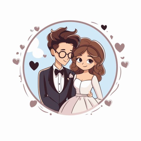 Cute cartoon couple of bride and groom in love. vector illustrat