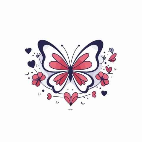 Butterfly with hearts and flowers. Vector illustration in flat s