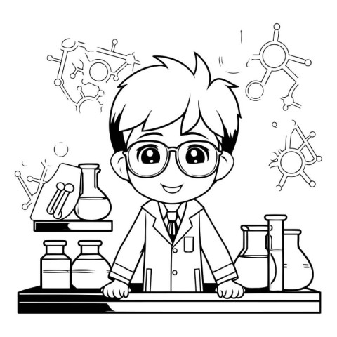 Scientist boy cartoon in science laboratory black and white vect