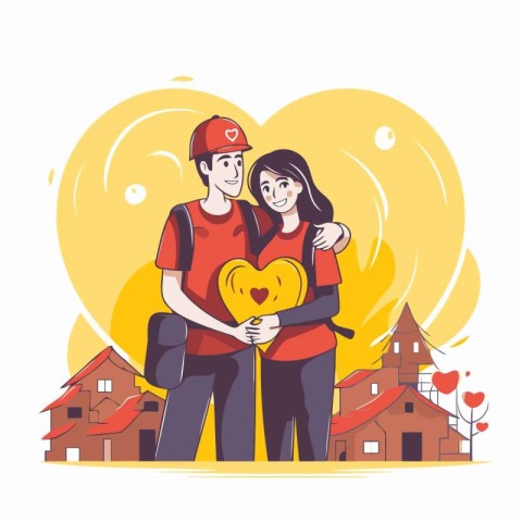 Couple in love with a big heart. Vector illustration in a flat s