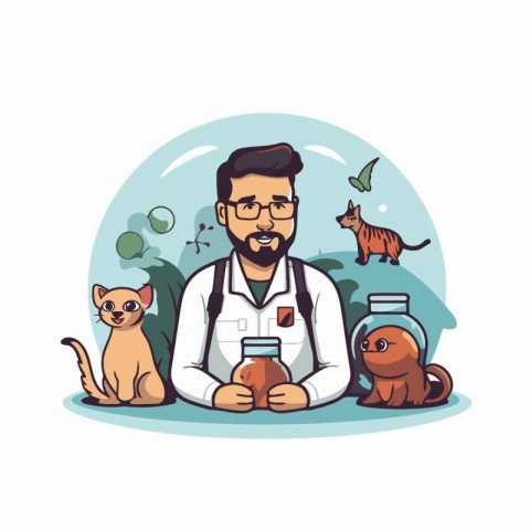 Veterinarian with a dog and cat. Vector illustration in cartoon