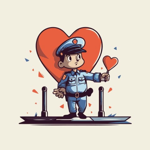 Policeman in love with heart. Vector illustration in cartoon sty