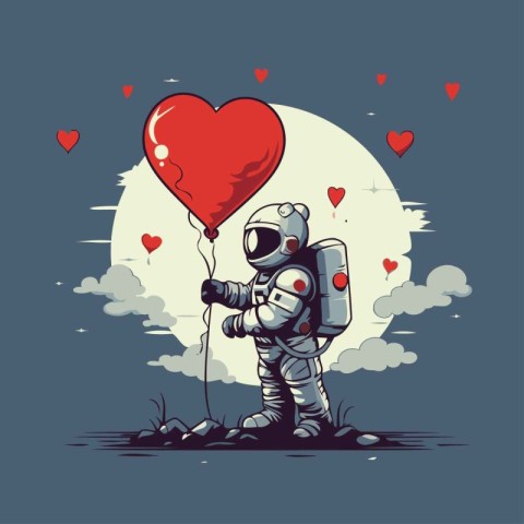 Astronaut in spacesuit with heart shaped balloon. Vector illustr