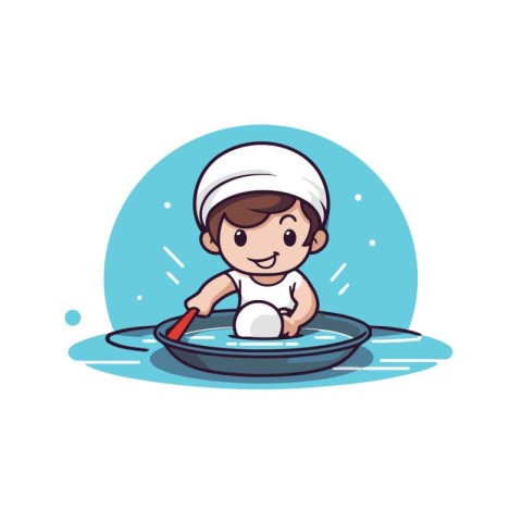 Illustration of a boy playing in a bowl of water with a ladle