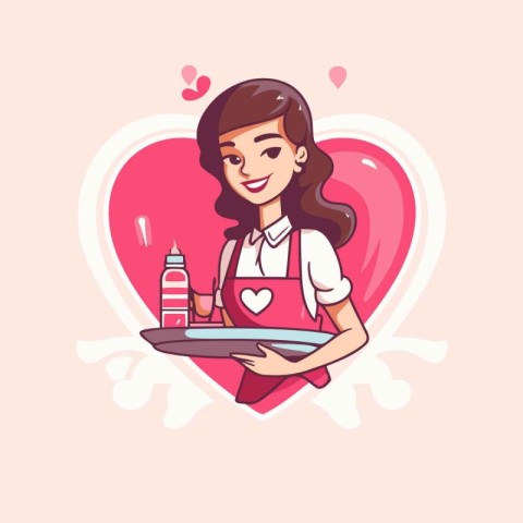 Cute waitress holding tray with food. Vector illustration in car