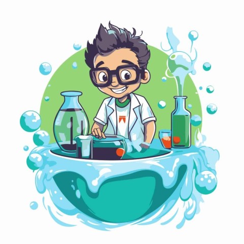 Cartoon scientist with a flask in his hand. Vector illustration.