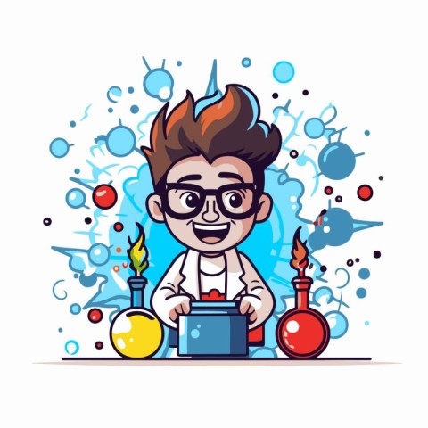 Scientist with chemical flask and test tube. Vector cartoon illu