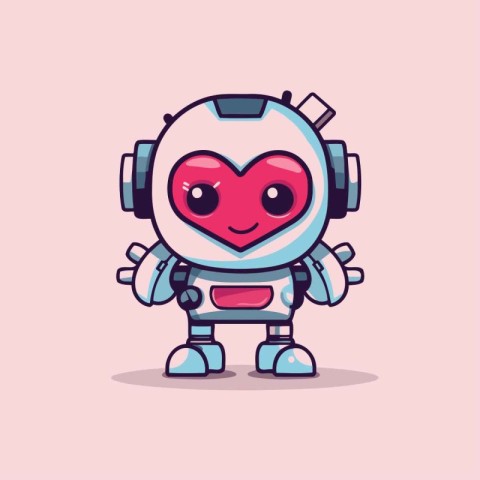 Cute cartoon robot with headphones. Vector illustration in a fla