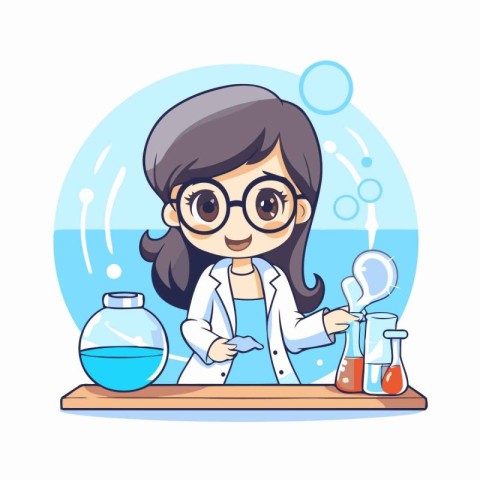 Cute little girl scientist in lab coat and glasses making experi