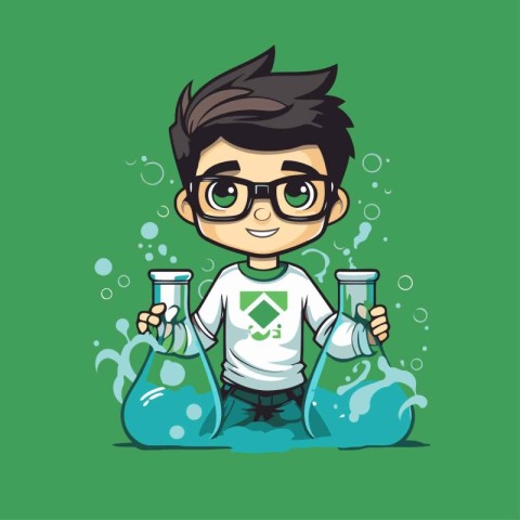 Cartoon scientist with test tubes. Vector illustration on green