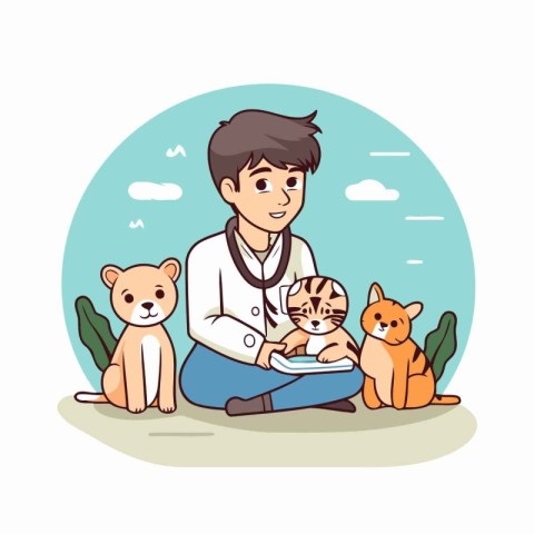 Veterinarian with cats and dogs. Vector illustration in cartoon