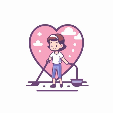 Cute little boy with a shovel and a pink heart. Vector illustrat