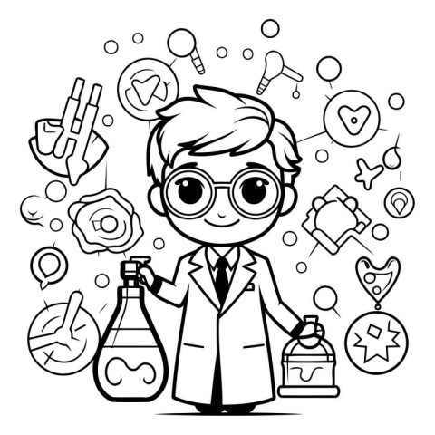 Black and white vector illustration of a scientist holding a fla