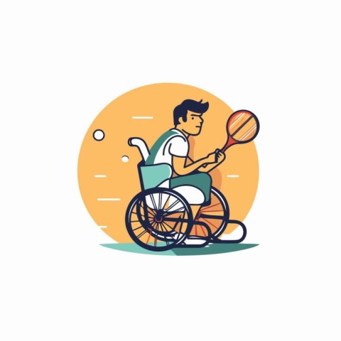 Disabled man in a wheelchair playing tennis. Flat style vector i