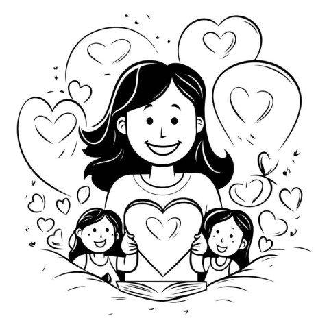 Mother and daughters reading a book. Vector illustration in cart