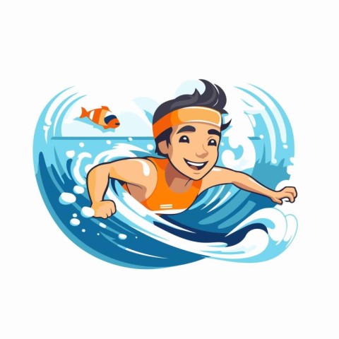 Vector illustration of a man swimming in the sea on a surfboard