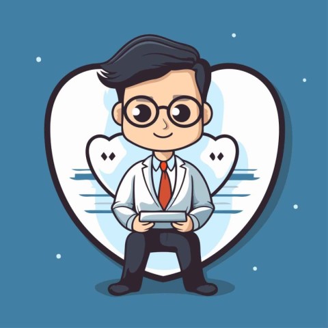 Doctor holding tablet computer in heart shape. Vector flat carto