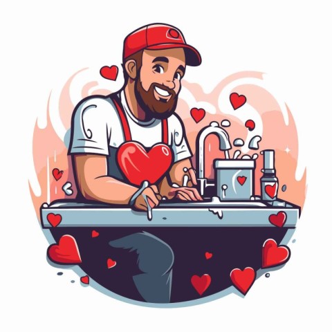 Vector illustration of a plumber in a white t-shirt holding a re