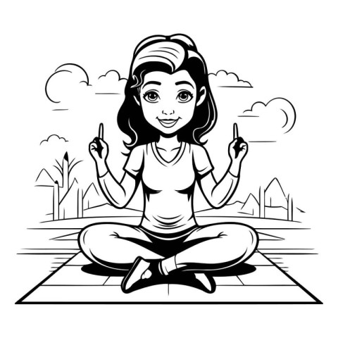 Young woman meditating in the park. Black and white vector illus