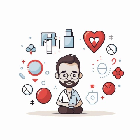 Man with mental health related icons over white background. colo