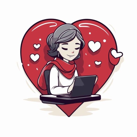 Illustration of a woman using a laptop computer with hearts arou