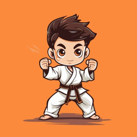 Cartoon karate boy on orange background. Vector character illust