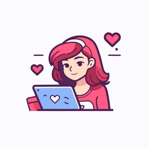 Girl with laptop and hearts. Vector illustration in a flat style