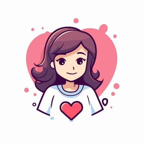 Cute girl with long hair in white t-shirt. Vector illustration.