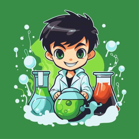 Cute little boy in science laboratory. Vector cartoon illustrati