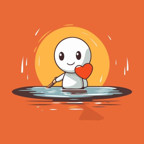 Illustration of a Cute Cartoon White Snowman Holding a Red Heart