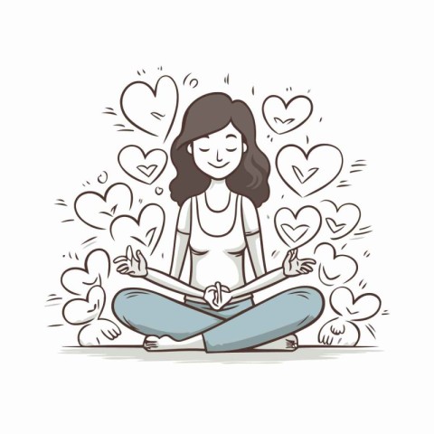 Yoga woman with lotus pose and hand drawn hearts. Vector illustr