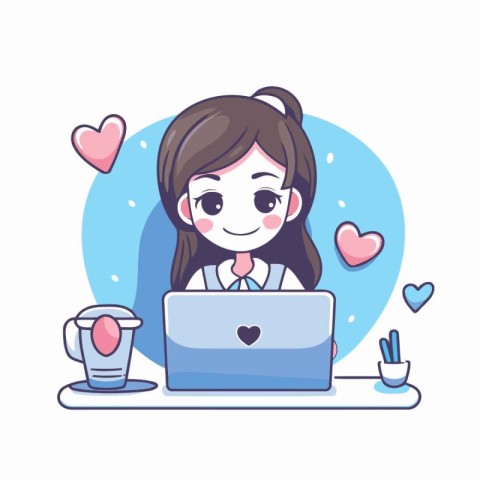 Girl with laptop and cup of coffee. Vector illustration in carto