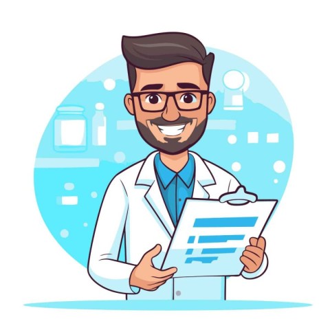 Male doctor in white coat and glasses with clipboard. Vector ill