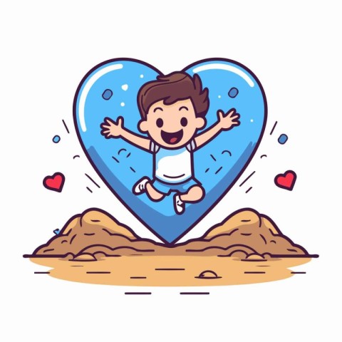 Cute little boy sitting on the big blue heart. Vector illustrati