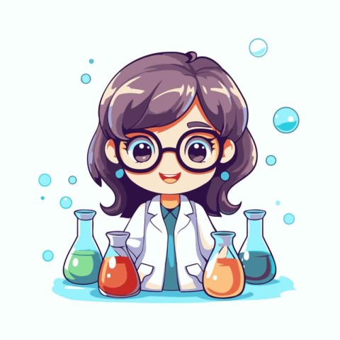 Cute little girl in science lab coat and glasses. Vector illustr