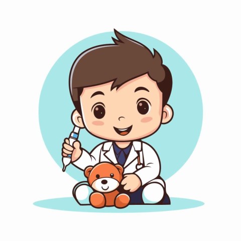 cute boy doctor holding teddy bear cartoon vector illustration g