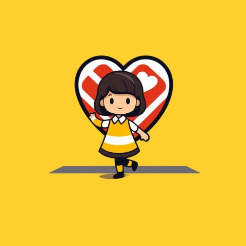 Cute girl holding a big heart on yellow background. Vector illus