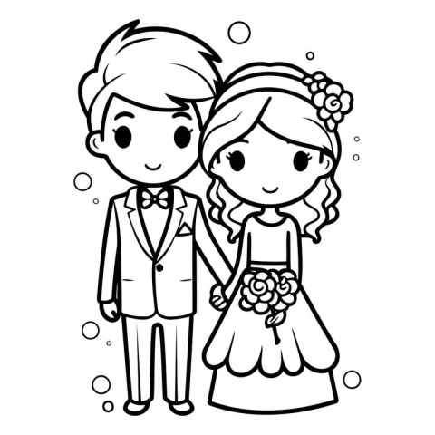 Black and White Cartoon Illustration of Bride and Groom for Colo