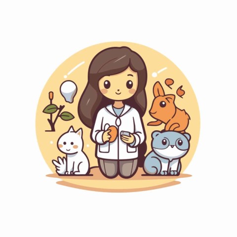 Cute little girl doctor with pets. Vector illustration in cartoo