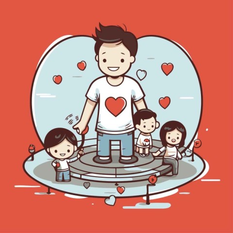 Father and his children playing in a water fountain. Vector illu